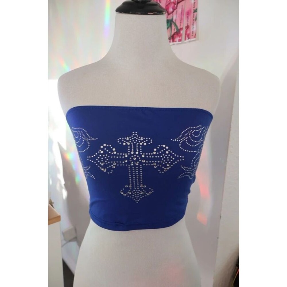 Y2K Royal Blue Rhinestone Cross Tube Top – Bedazzled Bandeau Top Size S